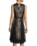 Sleeveless Lace-Print A-Line Dress, Black