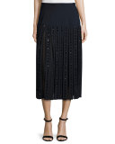 Mid-Rise Embellished Midi Skirt, Navy