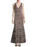Sleeveless V-Neck Jacquard Gown, Black/Multi