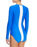 UPF 50 Long-Sleeve White Stripe One-Piece Swimsuit