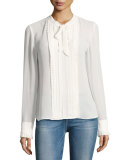 Edwardian Pleated Tie-Neck Blouse, Off White