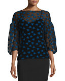 Oversized-Sleeve Leaf Organza Blouse, Black/Lapis
