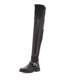 Smocked Leather Over-The-Knee Biker Boot, Nero