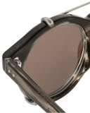 Round Acetate Sunglasses w/ Clip-On Lenses, White Gold/Horn