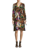 Jungle-Print Tie Long-Sleeve Dress, Black