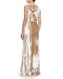Crushed Velvet Cowl-Neck Gown, Silver
