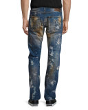 Stained & Distressed Slim-Straight Jeans, Blue