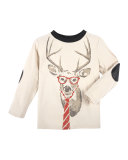 Long-Sleeve Reindeer Jersey Tee, Oatmeal, Size 2-7