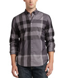 Fred Large-Check Sport Shirt, Charcoal