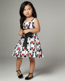 Sleeveless Pleated Fit-and-Flare Kitty Dress, Black/White, Size 4-6