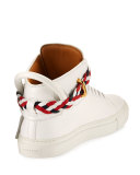Men's 100mm Leather Mid-Top Sneaker with Woven Strap, White