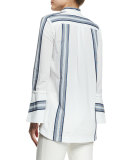 Bell-Sleeve Poplin Striped-Trim Blouse, Soft White