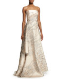 Strapless Embroidered Applique Gown, Champagne