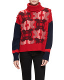 Pixel Cashmere Turtleneck Sweater, Red/Gray/Navy