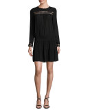 Jolie Long-Sleeve Dropped-Waist Dress, Noir