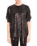 Sequined Tucked-Sleeve Top, Black