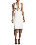 Metallic-Trim Stretch Crepe Halter Dress, Chalk/Gunmetal