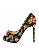 Folklo Embroidered Velvet Red Sole Pump, Black/Multi