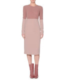 Colorblock Boucle Long-Sleeve Dress, Pink