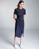 Short-Sleeve Pinstripe Midi Dress, Classic Navy