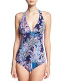 Paisley Leaves Halter Tankini Swim Top, Blue