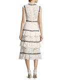 Tiered Lace Sleeveless Midi Dress, White/Black
