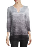 Metallic Degrade Peekaboo 3/4-Sleeve Tunic, Caviar/Gray/Silver