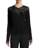 Nella V-Neck Lace-Yoke Cashmere Sweater, Black