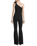 Beba One-Shoulder Jersey Flare-Leg Jumpsuit, Black