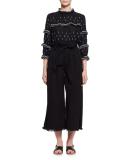 Odea Paperbag-Waist Wide-Leg Twill Pants, Black