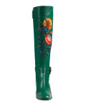 Dionysus Embroidered Knee Boot, Emerald