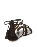 Tulum Fringed Suede Flat Sandal, Black