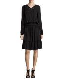Marla Tiered Silk Dress w/ Embroidered Yoke, Black