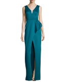 Sleeveless Draped Satin Column Gown, Jade