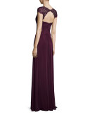 Cap-Sleeve Ruched Chiffon Gown