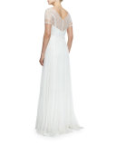 Short-Sleeve V-Neck Netting Gown, Ivory