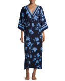Floral-Print Crepe Caftan, Blue Magnolia