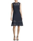 Sleeveless Lace-Trim Pintucked A-Line Dress, Blue