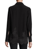 Long-Sleeve Fluid Silk Blouse, Black
