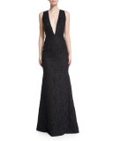 Sleeveless Plunging V-Neck Lace Mermaid Gown 