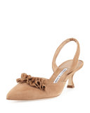 Carolyne Ruffled Low-Heel Halter Pump, Tan