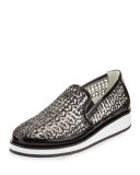 Maze Woven Leather Slip-On Sneaker, Black/Pewter