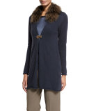 Long Wool-Blend Cardigan w/ Fox Fur Collar, Navy