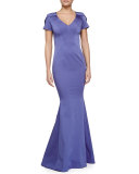 Maira Short-Sleeve Gown with Train, Iris