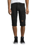 Distressed Slim-Fit Denim Shorts, Black