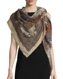 Rosalia Floral Wool & Silk Scarf, Brown/Beige