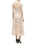 Short-Sleeve Tulle-Embroidered Midi Dress, Nude