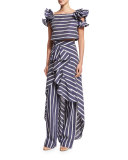 Striped High-Waist Wide-Leg Trousers, Blue/White