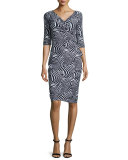 3/4-Sleeve Zebra-Print Ruffle-Front Dress 