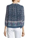 Perialla Floral-Print Silk Peasant Blouse, Blue